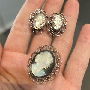 Alice Caviness Germany Sterling Silver Cameo Pin Brooth and Earrings Set Vintage